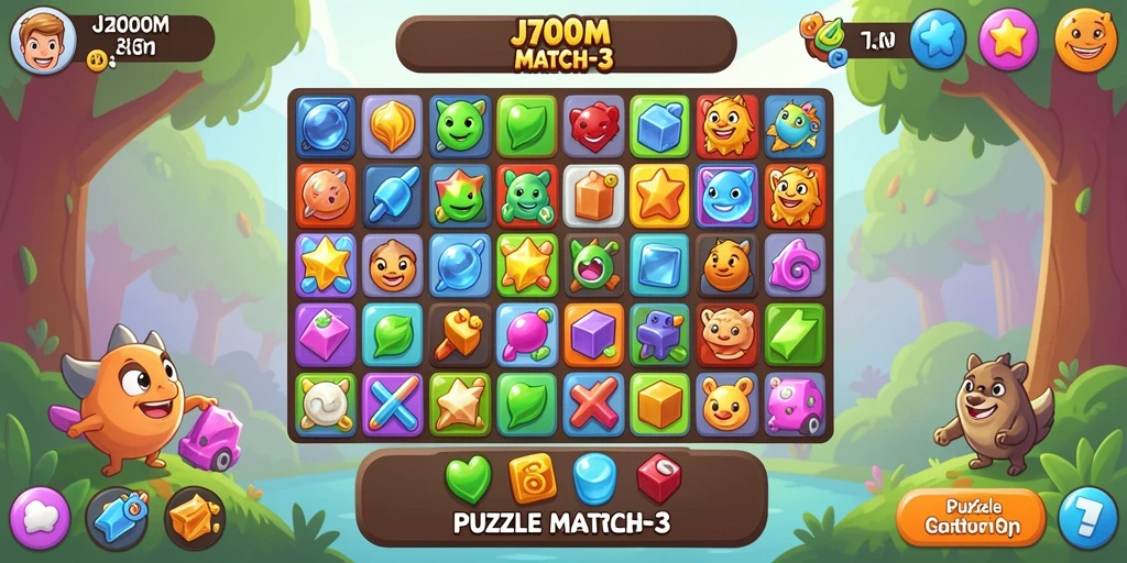 Antarmuka menarik game Puzzle Match-3 J200M dengan level berbeda.